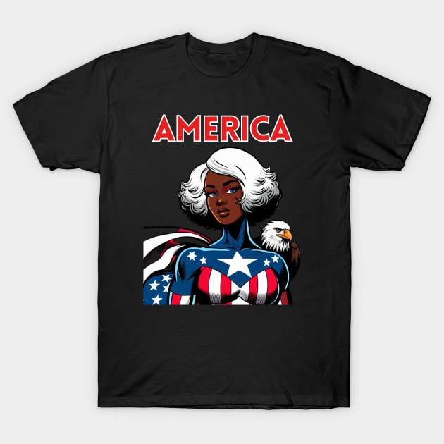 America Black Female Comic Book Superhero Bald Eagle Patriot July 4 T-Shirt by Woodpile